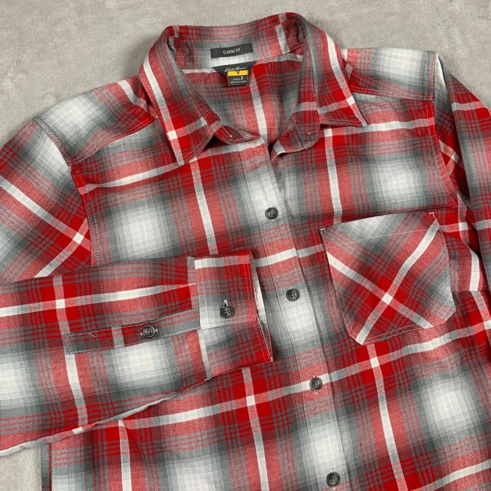 Eddie Bauer Flannel Button Down Shirt Womens S Red Plaid Classic Fit Long Sleeve